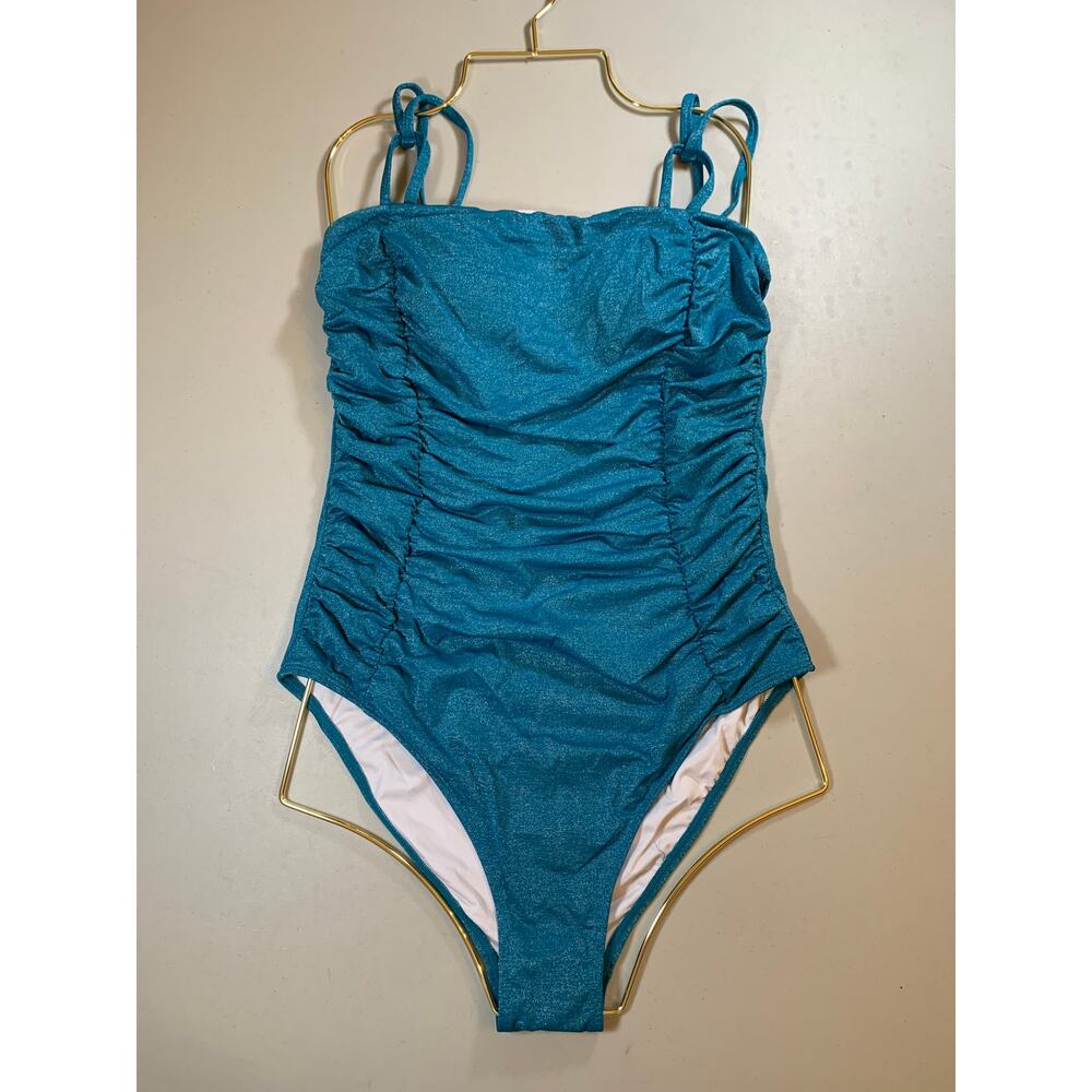 NWT Cupshe Teal Shimmer One Piece Bathing Suit w/ Ruched Sides Size Medium